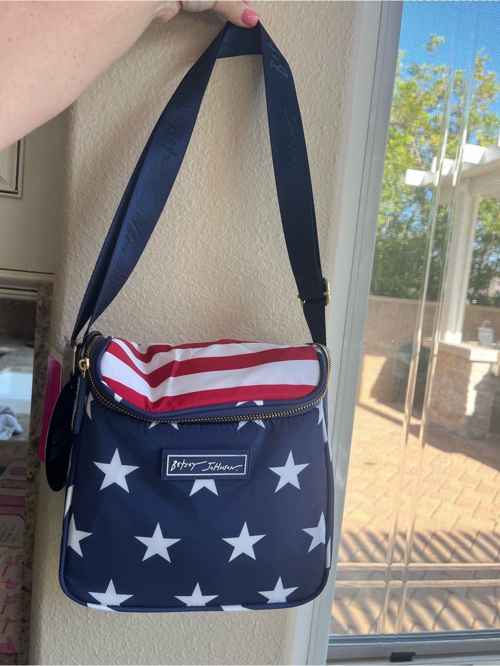 Betsey Johnson Patriotic Navy Star Insulated Lunch Tote Bag with Flag Trim